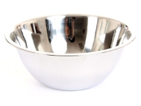 Commercial use deep mixing bowl made of stainless steel, a mirror polish and a rolled edge. Made in India.