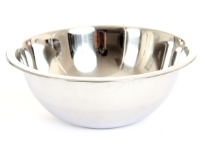Commercial use deep mixing bowl made of stainless steel, a mirror polish and a rolled edge. Made in India.