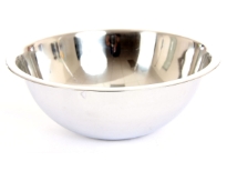 Commercial use deep mixing bowl made of stainless steel, a mirror polish and a rolled edge. Made in India.