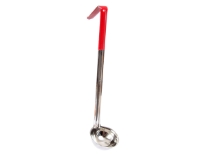 One piece stainless steel 2 Oz. measuring ladle, Red. Made in IndiaThickness: 0.9 mmWeight: 72 gms.Length: 12 inches