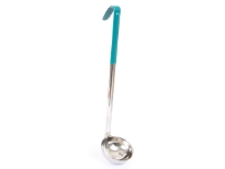 One piece stainless steel 4 Oz. measuring ladle, Green. Made in IndiaThickness: 0.9 mmWeight: 115 gms.Length: 14 inches