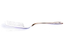 Stainless steel Pan Cake Turner Slotted. Made in India.Thickness: 0.85 mmWeight: 72 gmsLength: 14 inches