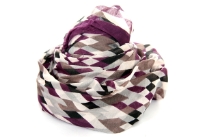 Rhombus print in wine & pastel shades spans across this lightweight & soft to use polyester scarf which has wine border all around. Eyelash fringe along the longer side decorates this scarf. 