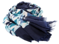 Rhombus print in shades of blue spans across this lightweight & soft to use polyester scarf which has navy border all around. Eyelash fringe along the longer side decorates this scarf. 100% Polyester. Hand wash. Imported.