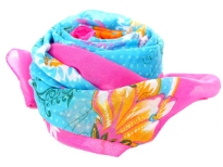 Different kinds of flowers bloom in the middle section of this square scarf in turquoise color with fuchsia border all around. Can be used around the neck or as headgear. 100% Polyester. Imported. Hand wash.
