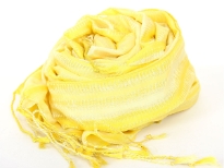 Stripes in shades of yellow  spread over this lightweight & long scarf. Stitches like embroidery all along the stripes decorates this little shiny 100% polyester scarf. Long twisted fringes on its ends. Imported. Hand wash.