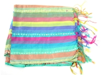 Stripes in multi colors galore over this shiny polyester scarf which also has lines of translucent sequins towards its ends. Thin fringes on its ends completes this 100% polyester scarf. Hand wash. Imported.