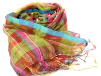 Thin golden stripes cover this green & fuchsia horizontal plaids 100% polyester scarf which has turquoise border along its length. Thin twisted fringes on its edges completes this sheer scarf. Imported. 