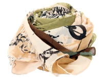 Butterflies float across the artistic garden inspired background on this gold scarf. Eyelash fringe along the longer side. Lightweight & very soft to use. Imported & Hand wash. 100% Polyester.