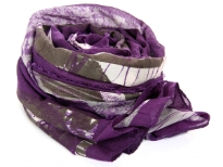 This Purple with Grey & Beige tones 100% polyester scarf has an abstract background with skulls print on it. Purple border all around & eyelash fringe along both its lengths. Imported. Hand wash. 