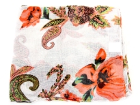 Floral & paisley print in multi colors styles this sumptuous white/green/red colored scarf woven from soft polyester. This scarf can enliven any kind of outfit its matched with. 100% polyester. Imported. Hand wash. 