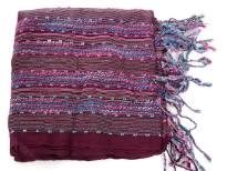 Beautiful burgundy and multi colored design scarf has horizontal open weave pattern. Long twisted fringes completes this 100% viscose scarf. Classy scarf can also be teamed up with a formal dress as a shawl. Imported. 