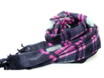 Checkered print 100% wool scarf in Navy, Fuchsia & Grey colors with hanging tussels at the ends of the scarf. Imported. Hand wash.