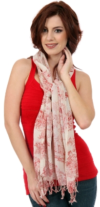 Red & White Garden Inspired Wool Scarf with Roman figures sitting under trees print. Twisted fringes at the edges.