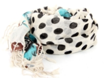 Black Polka Dots lends unmistakable style to this 100% wool scarf that is both lightweight & cozy. Blue & brown floral print at the ends of the scarf with hanging fringe. 100% wool. Hand wash. Imported.