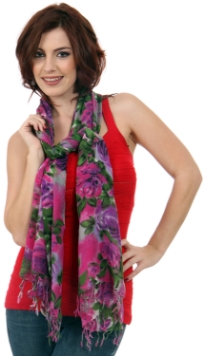 This roses inspired wool scarf will brighten up any of your outfit with fuchsia & purple flowers with green leaves print. Long twisted fringe at the edges. Imported. Dry clean only.