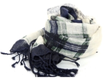Ivory colored 100% wool scarf has multiple lined plaids over it in navy & dark green colors. Navy colored fringes at its edges. Imported. Dry clean only.