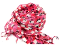 This vibrant fuchsia & cream colored boxy print 100% wool scarf has little horses running all over it. Twisted fringe dangles from the ends of the scarf. Imported. Hand wash.