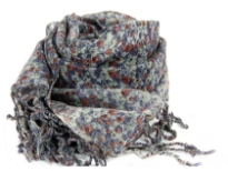 Abstract miniature flowers in grey, brown & navy colors blooms over this 100% wool scarf finished with long twisted fringe at its ends. Imported. Dry clean only. 