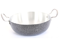 Aluminum Wok Pan coated on outside and Riveted Stainless Steel Handles for Long Life. 