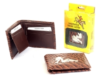 Embossed outer shell genuine leather bi-fold men wallet with solid zinc metal fitting.