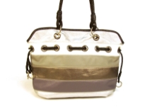 Designer Inspired Multi- Toned Stripes Handbag with single strap and drawstring detail. Zipper closure. Made of faux leather.