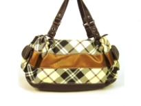Striped Fashion Handbag in plaid pattern with solid stripes running through it. Side pockets with flap, double shoulder handle & top zipper closure.