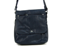 Crossbody bag has a single strap, a magnetic and zipper closure, and outside pockets. Made of faux leather.