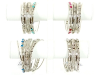 Metal Bangles Size: 2/10, (9 PCS Set), Silver Plating, TR. Kundan work, Colors: Turquoise, Fuchsia, Crystal, Blue