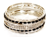 Metal Bangles Size: 2/10, (9 PCS Set) Silver Plating, Black Glass Beads work,(12 Sets in Box)