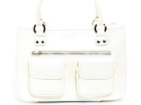 Front Double Pocket Fashion handbag has a top zipper closure and a double handle. Made of faux leather.