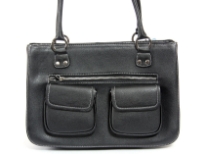 Front Double Pocket Fashion handbag has a top zipper closure and a double handle. Made of faux leather.