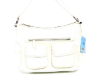 Front Double Pocket Fashion hobo bag has a top zipper closure and a single strap. Made of faux leather.