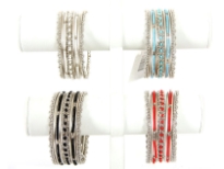 Metal Bangles Size:2/10,(7 PCS set), Silver Plating, Opak Glass Beads, (12 Sets in Box) Colors: Black, Coral Red, Opak Turquoise