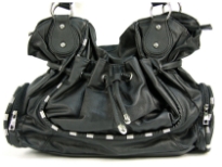 Fashion Handbag has a drawstring closure, a double handle and outside pockets. Made of PVC.