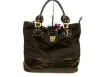 Designer Inspired PU & Fur combination Tote Handbag has a double handle with belt details and a push lock closure as well as a zipper closure. Bag has a striped pattern design.