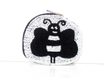 Beaded oval coin purse with bee shape pattern on it. Top zipper closure with wrist strap. Imported. 