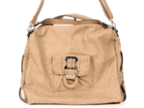 Fashion handbag with quilted texture along the sides, top zipper closure, short double handle, detachable shoulder strap and outside pocket. Made of PU (polyurethane)