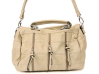 Fashion handbag with short double handle, detachable shoulder strap, top zipper closure, patchwork pattern and zipper details. Made of PU (polyurethane).