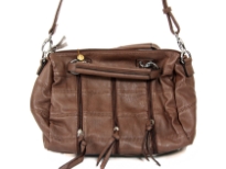 Fashion handbag with short double handle, detachable shoulder strap, top zipper closure, patchwork pattern and zipper details. Made of PU (polyurethane).