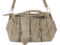 Fashion handbag with short double handle, detachable shoulder strap, top zipper closure, patchwork pattern and zipper details. Made of PU (polyurethane).