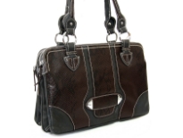 Fashion handbag has a double hanlde, top zipper closure, separate compartments, and a two tone design. Made of PU (polyurethane).