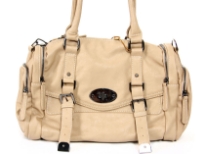 Fashion handbag has a short double handle, a detachable shoulder strap, a top zipper closure, mutiple outside pockets with zipper closure and belt details. Made of PU (polyurethane).