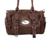 Fashion handbag has a short double handle, a detachable shoulder strap, a top zipper closure, muLtiple outside pockets with zipper closure and belt details. Made of PU (polyurethane).