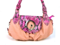 This handbag has crocodile embossed flap over the top zipper closure which has a toggle closure and a double handle. Made of PU (polyurethane).