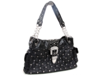 PVC Double handle belt buckle handbag. top zipper closing. Center divider and back zipper pocket.