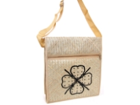 Straw and Jute Messenger Bag embellished with hanging beads along the embroidered designs.  Zipper closure on outer pocket. Made with a single shoulder strap. 