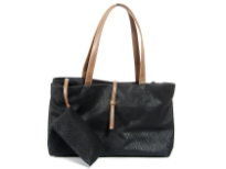 Large tote bag with snake print pattern, has a double handle, a detachable small bag, and a top zipper closure. Made of PVC.