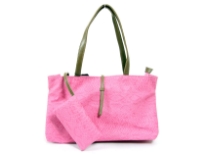 Large tote bag with snake print pattern, has a double handle, a detachable small bag, and a top zipper closure. Made of PVC.