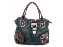 Faux Leather Rhinestones studded bag. Center divider, back outside zipper and cell phone pocket. Belt like clasp over top zipper closing of the bag.